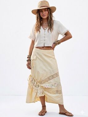 Together Vintage Cotton Embroidered Boho Asymmetrical pale yellow Skirt